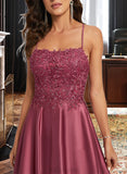 Pam A-Line Square Sweep Train Satin Prom Dresses With Beading Sequins UKP0017228