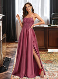 Pam A-Line Square Sweep Train Satin Prom Dresses With Beading Sequins UKP0017228