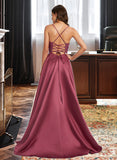 Pam A-Line Square Sweep Train Satin Prom Dresses With Beading Sequins UKP0017228