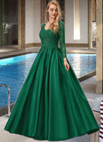 Juliette Ball-Gown/Princess V-Neck Floor-Length Satin Prom Dresses With Beading Sequins UKP0017229