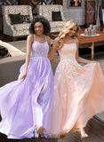 Sidney Ball-Gown/Princess Square Floor-Length Tulle Prom Dresses With Sequins UKP0017230