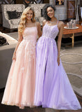 Sidney Ball-Gown/Princess Square Floor-Length Tulle Prom Dresses With Sequins UKP0017230