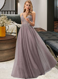 Brynn Ball-Gown/Princess V-neck Floor-Length Tulle Prom Dresses With Beading Sequins UKP0017231