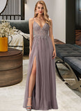 Brynn Ball-Gown/Princess V-neck Floor-Length Tulle Prom Dresses With Beading Sequins UKP0017231