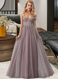 Brynn Ball-Gown/Princess V-neck Floor-Length Tulle Prom Dresses With Beading Sequins UKP0017231