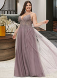 Brynn Ball-Gown/Princess V-neck Floor-Length Tulle Prom Dresses With Beading Sequins UKP0017231