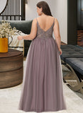 Brynn Ball-Gown/Princess V-neck Floor-Length Tulle Prom Dresses With Beading Sequins UKP0017231