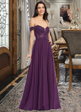 Madalyn Ball-Gown/Princess Off the Shoulder Floor-Length Chiffon Lace Prom Dresses With Beading Sequins UKP0017234