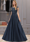 Pat Ball-Gown/Princess Scoop Floor-Length Satin Prom Dresses With Beading Sequins Bow(s) UKP0017235