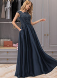 Pat Ball-Gown/Princess Scoop Floor-Length Satin Prom Dresses With Beading Sequins Bow(s) UKP0017235