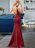 Keely Trumpet/Mermaid V-Neck Sweep Train Satin Prom Dresses With Beading Sequins UKP0017237