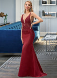 Keely Trumpet/Mermaid V-Neck Sweep Train Satin Prom Dresses With Beading Sequins UKP0017237