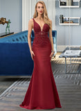 Keely Trumpet/Mermaid V-Neck Sweep Train Satin Prom Dresses With Beading Sequins UKP0017237