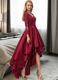 Crystal Ball-Gown/Princess V-Neck Asymmetrical Satin Prom Dresses With Beading Sequins UKP0017238