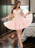 Jimena A-Line V-neck Short/Mini Tulle Prom Dresses With Beading UKP0017239