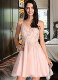 Jimena A-Line V-neck Short/Mini Tulle Prom Dresses With Beading UKP0017239