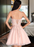 Jimena A-Line V-neck Short/Mini Tulle Prom Dresses With Beading UKP0017239