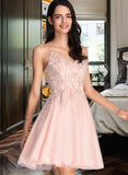 Jimena A-Line V-neck Short/Mini Tulle Prom Dresses With Beading UKP0017239