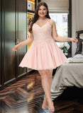 Jimena A-Line V-neck Short/Mini Tulle Prom Dresses With Beading UKP0017239