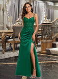 Elsa Sheath/Column V-neck Floor-Length Satin Lace Prom Dresses With Sequins UKP0017241