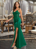 Elsa Sheath/Column V-neck Floor-Length Satin Lace Prom Dresses With Sequins UKP0017241