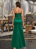 Elsa Sheath/Column V-neck Floor-Length Satin Lace Prom Dresses With Sequins UKP0017241