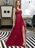 Theresa A-Line Square Floor-Length Tulle Lace Prom Dresses With Sequins UKP0017243