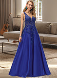 Dakota A-line V-Neck Floor-Length Satin Prom Dresses With Sequins UKP0017247