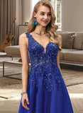 Dakota A-line V-Neck Floor-Length Satin Prom Dresses With Sequins UKP0017247