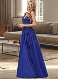 Dakota A-line V-Neck Floor-Length Satin Prom Dresses With Sequins UKP0017247