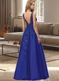 Dakota A-line V-Neck Floor-Length Satin Prom Dresses With Sequins UKP0017247