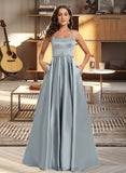 America A-Line Scoop Floor-Length Satin Prom Dresses With Beading UKP0017248