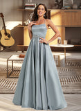 America A-Line Scoop Floor-Length Satin Prom Dresses With Beading UKP0017248