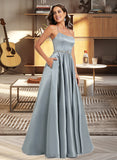 America A-Line Scoop Floor-Length Satin Prom Dresses With Beading UKP0017248