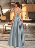 America A-Line Scoop Floor-Length Satin Prom Dresses With Beading UKP0017248