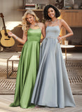 America A-Line Scoop Floor-Length Satin Prom Dresses With Beading UKP0017248