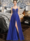 Aliyah Ball-Gown/Princess V-neck Floor-Length Satin Lace Prom Dresses With Sequins UKP0017254