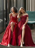 Una Ball-Gown/Princess V-neck Sweep Train Satin Lace Prom Dresses With Beading Sequins UKP0017256