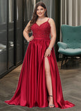 Una Ball-Gown/Princess V-neck Sweep Train Satin Lace Prom Dresses With Beading Sequins UKP0017256