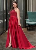 Una Ball-Gown/Princess V-neck Sweep Train Satin Lace Prom Dresses With Beading Sequins UKP0017256