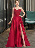 Una Ball-Gown/Princess V-neck Sweep Train Satin Lace Prom Dresses With Beading Sequins UKP0017256