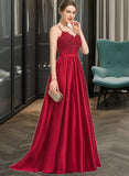 Una Ball-Gown/Princess V-neck Sweep Train Satin Lace Prom Dresses With Beading Sequins UKP0017256