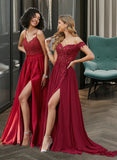 Una Ball-Gown/Princess V-neck Sweep Train Satin Lace Prom Dresses With Beading Sequins UKP0017256