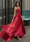 Una Ball-Gown/Princess V-neck Sweep Train Satin Lace Prom Dresses With Beading Sequins UKP0017256