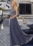 Taniya A-Line Scoop Floor-Length Chiffon Prom Dresses With Sequins UKP0017257