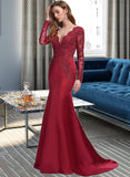 Elaine Trumpet/Mermaid V-neck Sweep Train Satin Lace Prom Dresses With Sequins UKP0017258