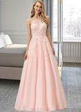 Muriel Ball-Gown/Princess Scoop Floor-Length Tulle Prom Dresses With Beading Sequins UKP0017259