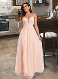 Stephany Ball-Gown/Princess V-neck Floor-Length Tulle Lace Prom Dresses With Beading Sequins UKP0017260