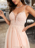 Stephany Ball-Gown/Princess V-neck Floor-Length Tulle Lace Prom Dresses With Beading Sequins UKP0017260