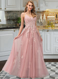 Jamya Ball-Gown/Princess V-neck Floor-Length Tulle Prom Dresses UKP0017262